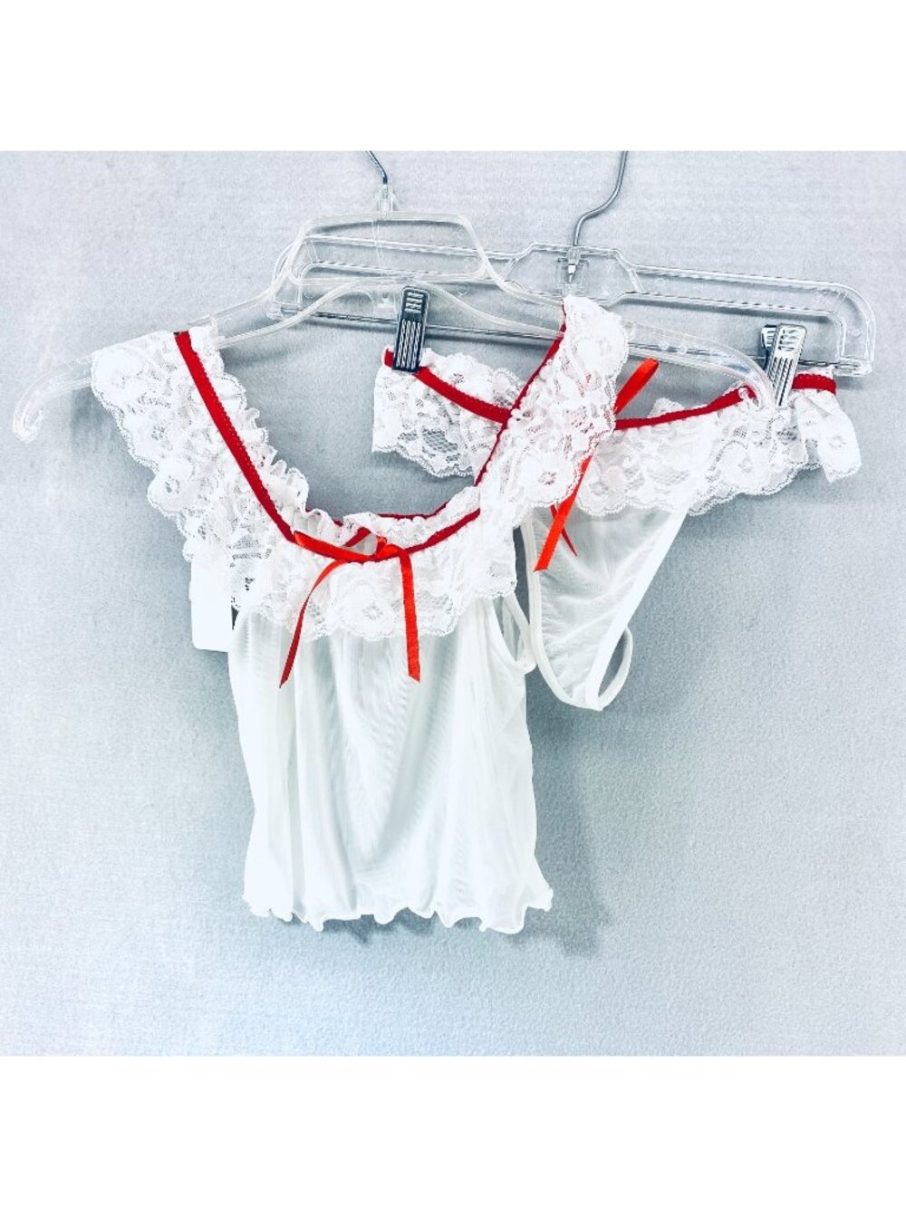Women’s Lingerie Set Small Red White Off the Shoulder Top G String Nurse